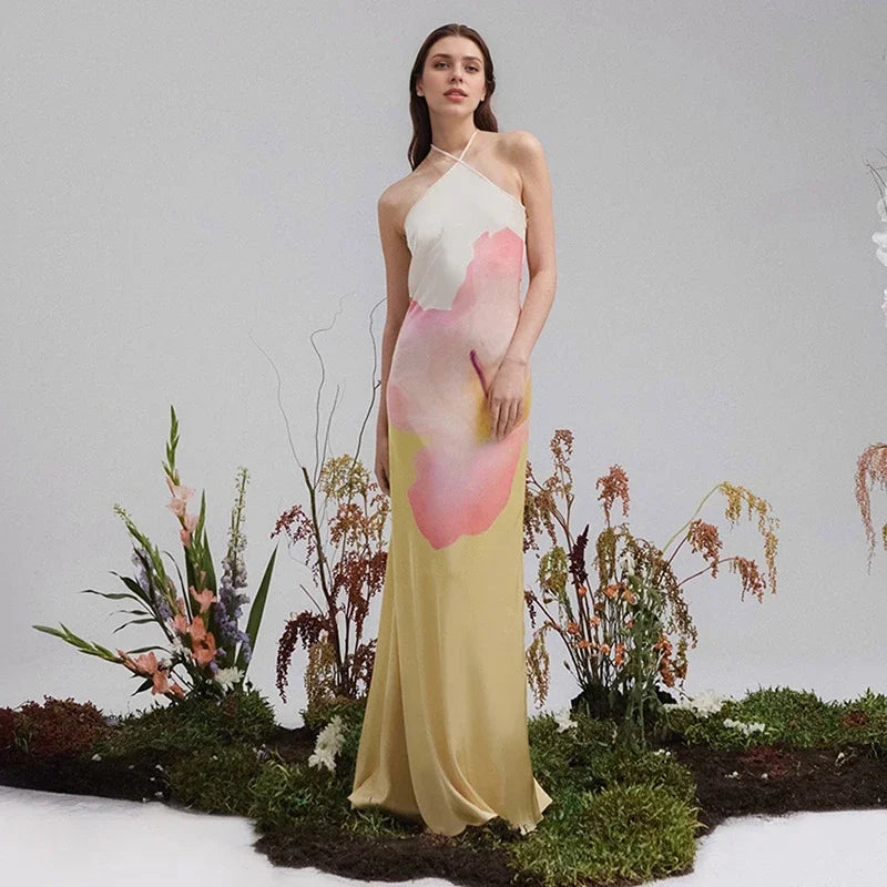 Ismena - Robe Maxi Florale Élégante avec Col Asymétrique