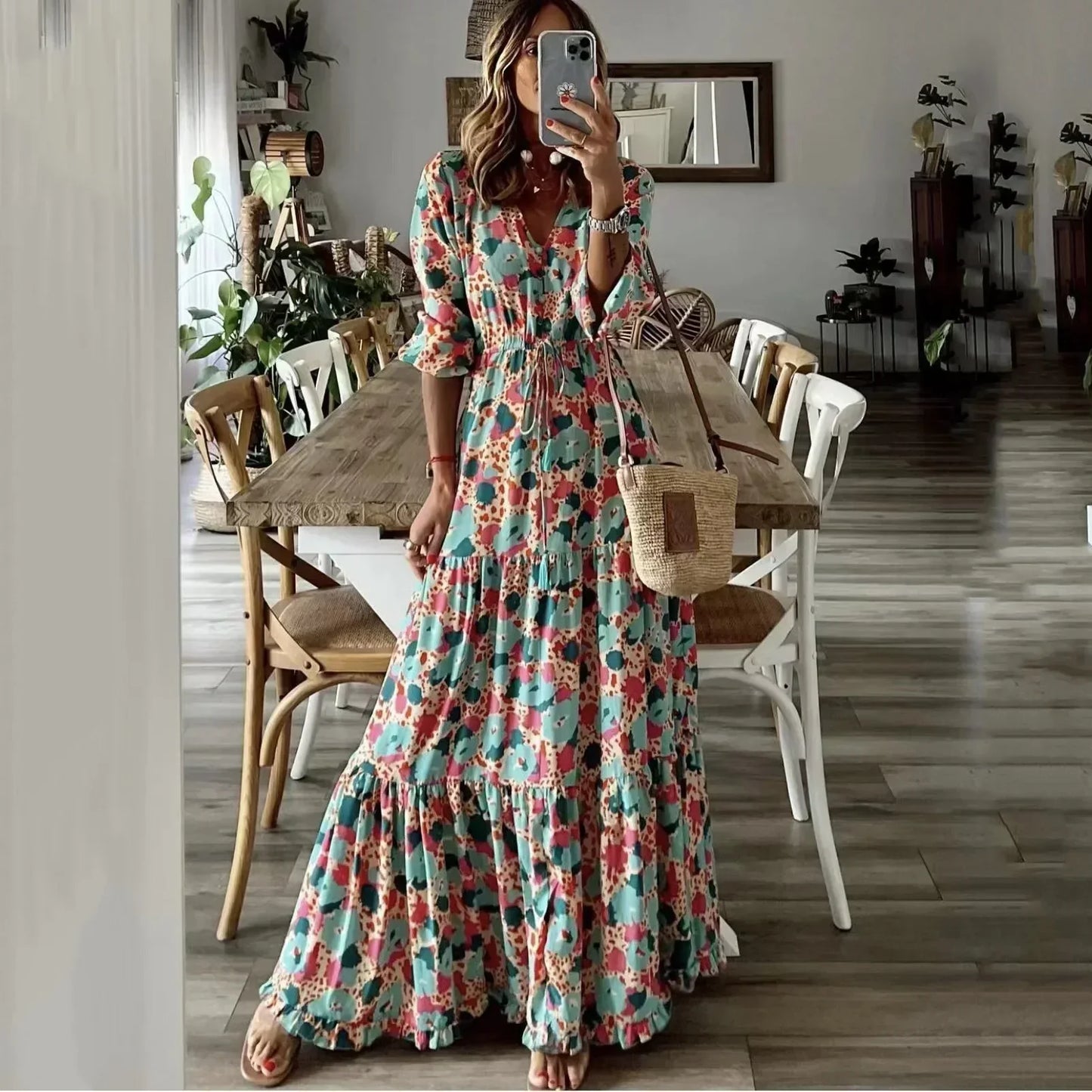 Liora | Robe Maxi en A avec Imprimé et Décolleté en V