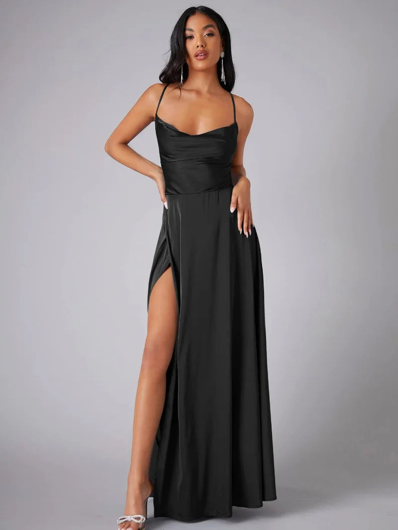 Robe Maxi de Soirée à Bretelles Spaghetti pour Femmes avec Fente Haute