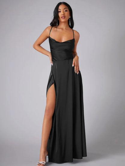 Robe Maxi de Soirée à Bretelles Spaghetti pour Femmes avec Fente Haute
