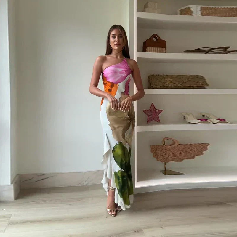 Ismena - Robe Maxi Florale Élégante avec Col Asymétrique