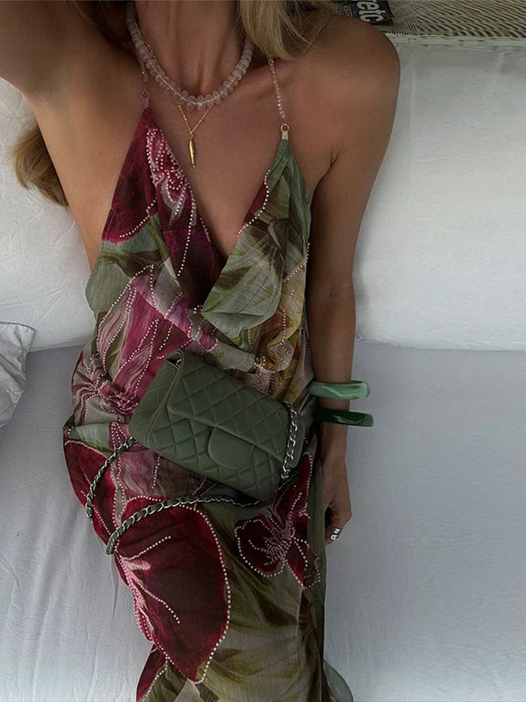 Alouette - Robe Fleurie Imprimée Sans Dos avec Fente Latérale