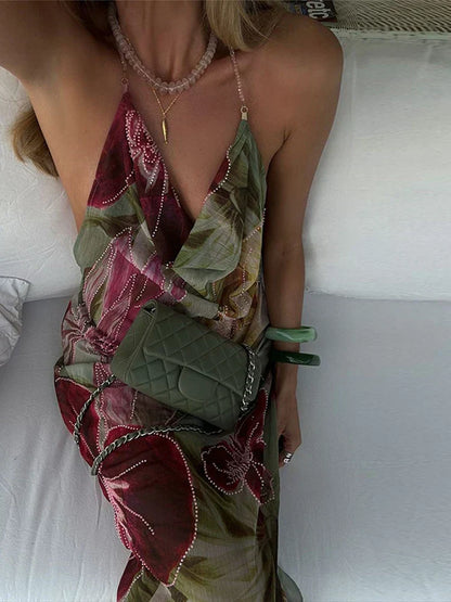 Alouette - Robe Fleurie Imprimée Sans Dos avec Fente Latérale