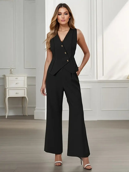 Ensemble Femme Deux Pièces avec Gilet Sans Manches et Pantalons à Jambe Large