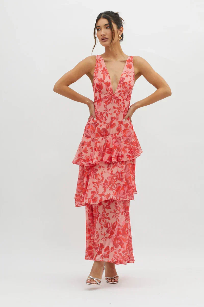 Lisa | Robe Midi Florale Corail – Élégance Fluide et Romantique
