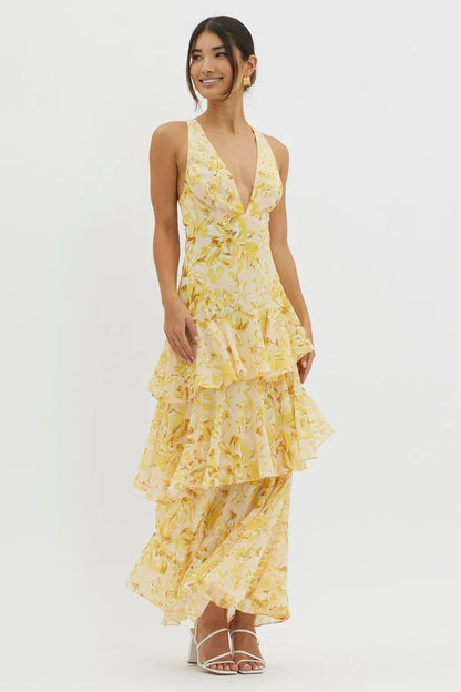 Lisa | Robe Midi Florale Corail – Élégance Fluide et Romantique