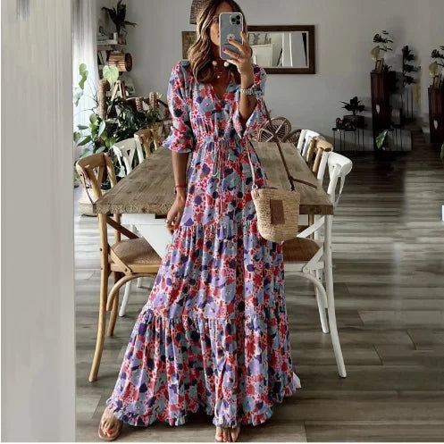 Liora | Robe Maxi en A avec Imprimé et Décolleté en V