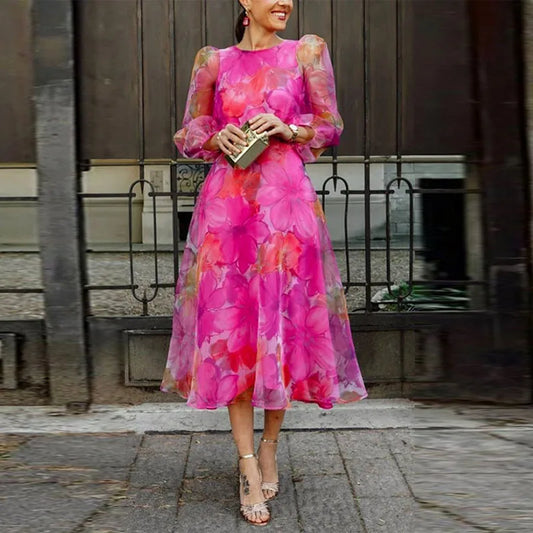 Robe Midi Florale à Manches Longues pour Femme avec Manches Bouffantes Transparentes