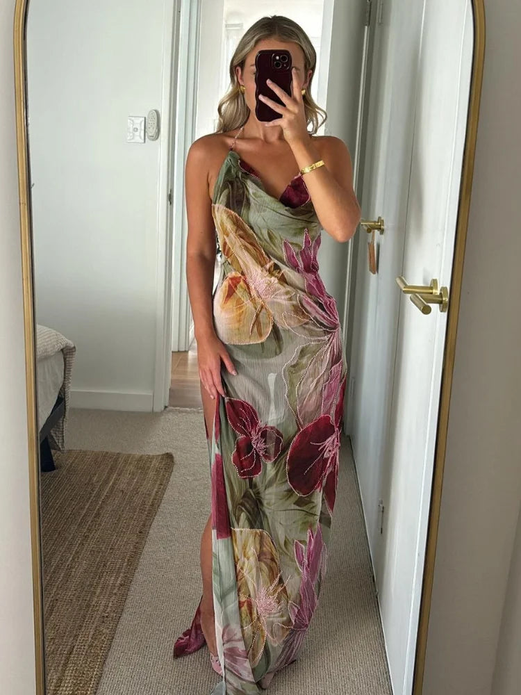 Alouette - Robe Fleurie Imprimée Sans Dos avec Fente Latérale