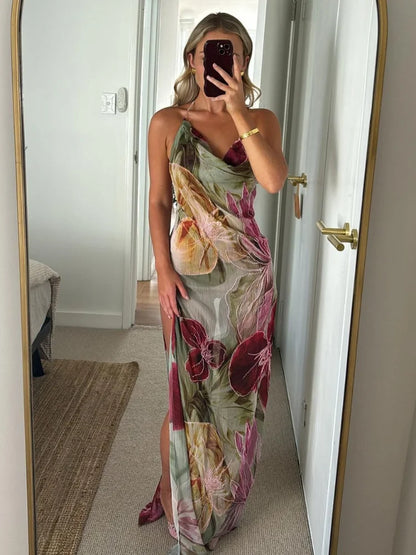 Alouette - Robe Fleurie Imprimée Sans Dos avec Fente Latérale