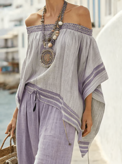 Ensemble en Lin en Deux Pièces avec Design Off-Shoulder