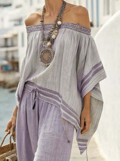 Ensemble en Lin en Deux Pièces avec Design Off-Shoulder