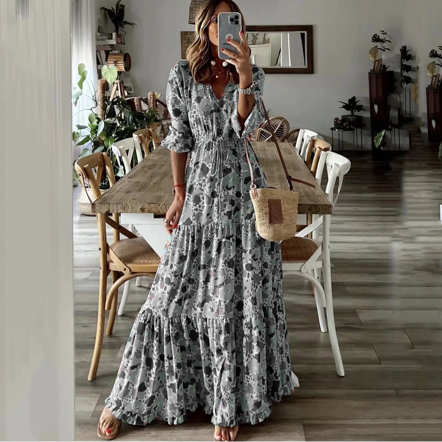 Liora | Robe Maxi en A avec Imprimé et Décolleté en V