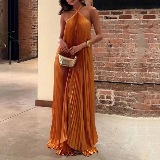 Mira - Robe Maxi avec Col Halter Plissé Chic