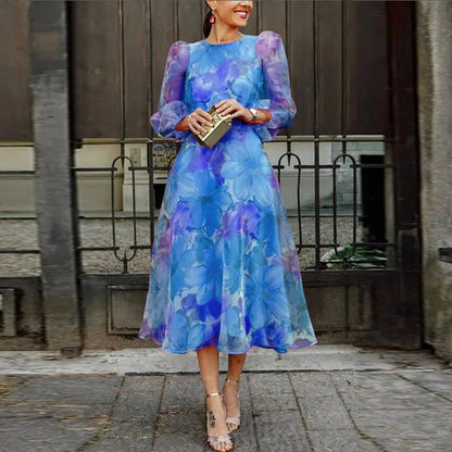 Robe Midi Florale à Manches Longues pour Femme avec Manches Bouffantes Transparentes