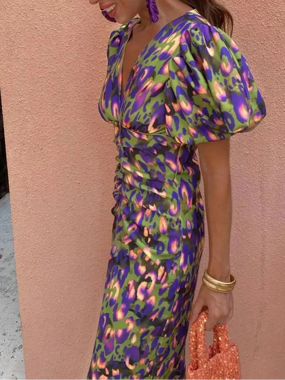 Robe Midi Élégante avec Manches Volumineuses