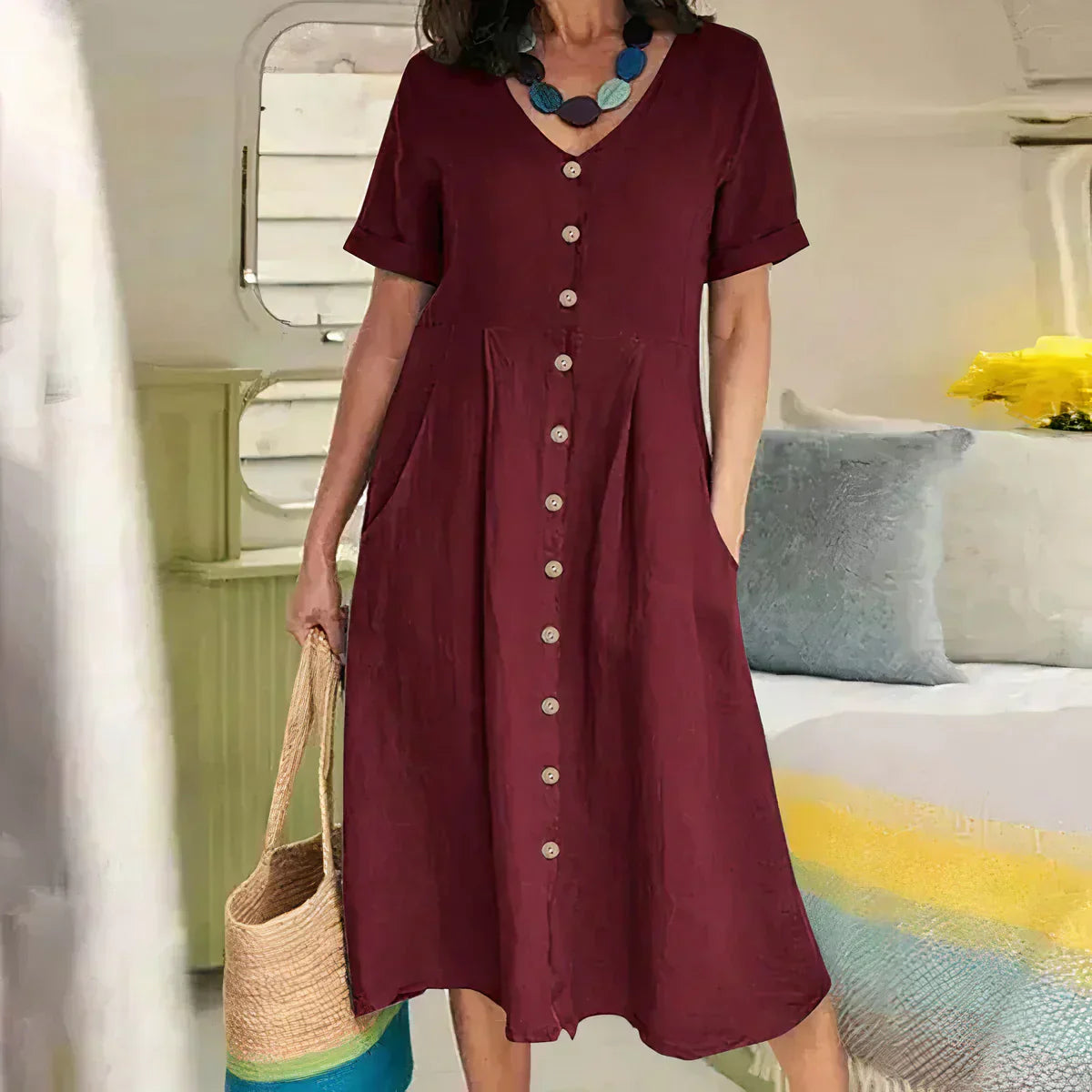 Quency - Élégante Robe d'Été en Lin pour Femmes Légère