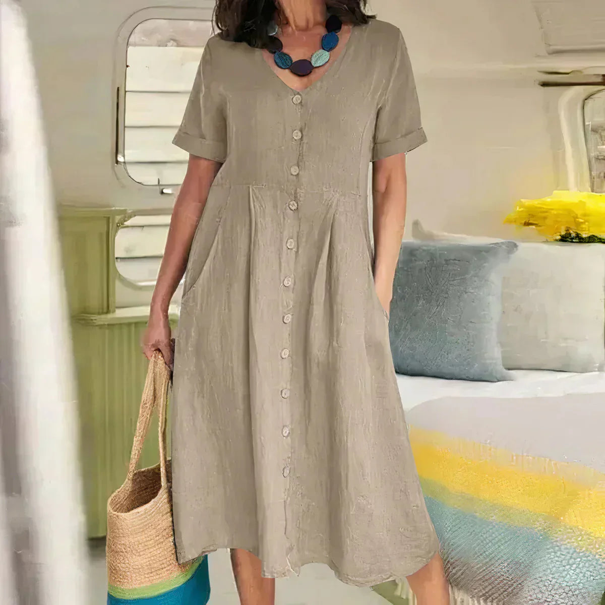 Quency - Élégante Robe d'Été en Lin pour Femmes Légère