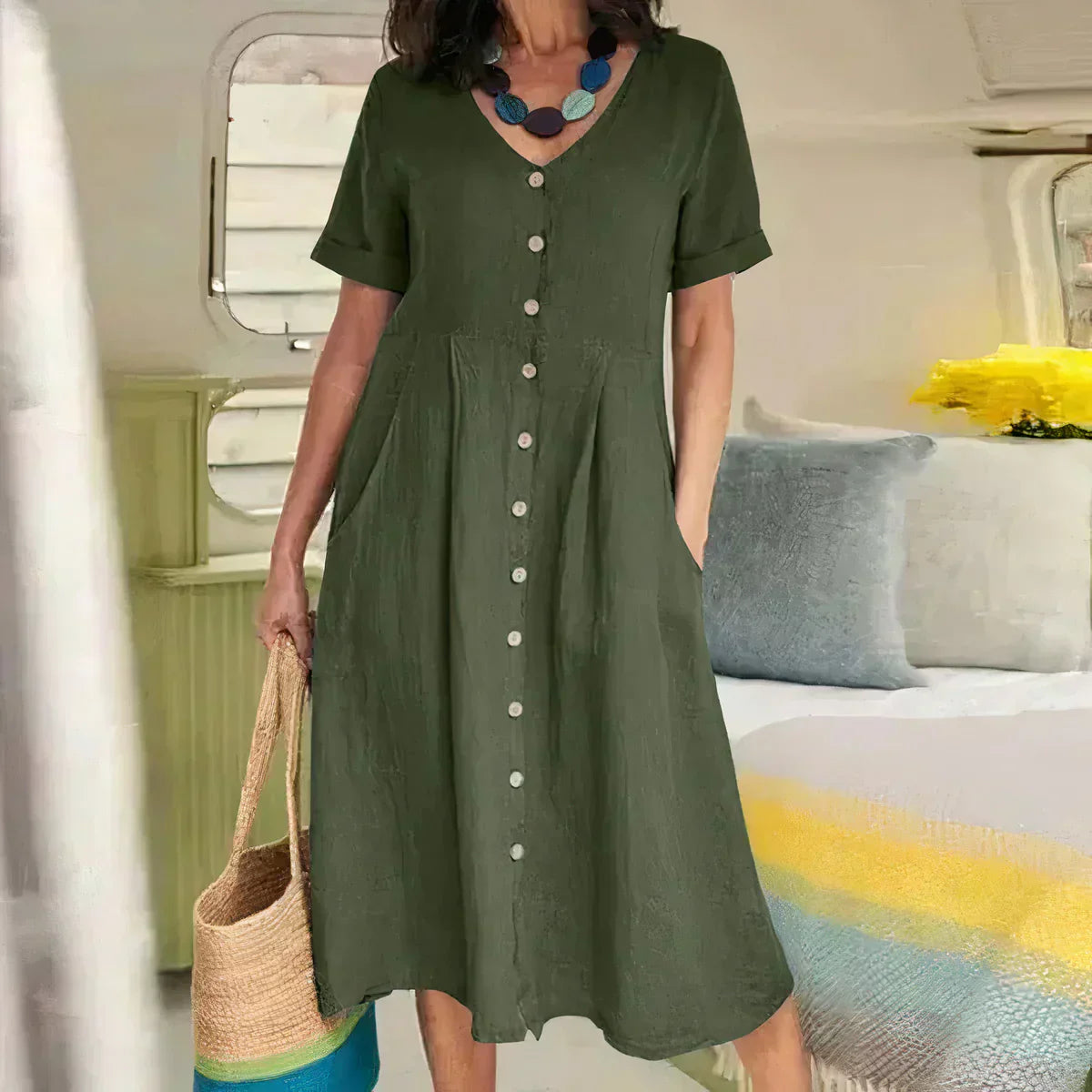 Quency - Élégante Robe d'Été en Lin pour Femmes Légère