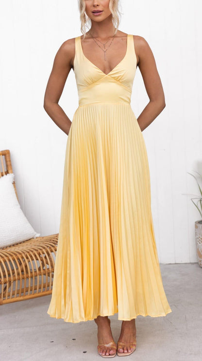 Eline | Robe Maxi Élégante avec Décolleté en V et Jupe Plissée