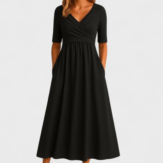 Riley – Robe Midi Élégante avec Col en Surplis