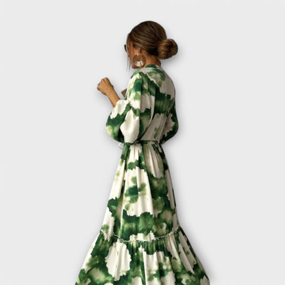 Melina - Robe Maxi Verte avec Manches Longues et Décolleté en V