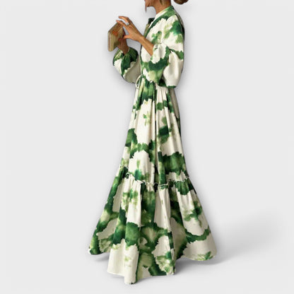 Melina - Robe Maxi Verte avec Manches Longues et Décolleté en V