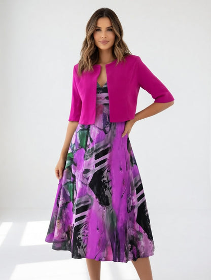 Robe Midi Fluide avec Boléro - Imprimé Artistique Élégant