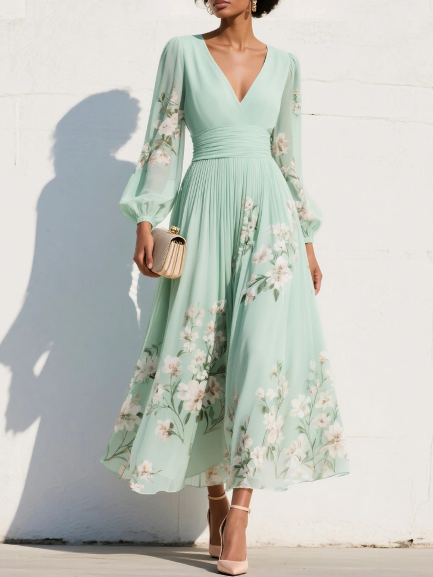 Cisella | Robe midi vert clair avec décolleté en V, en chiffon plissé et motif floral