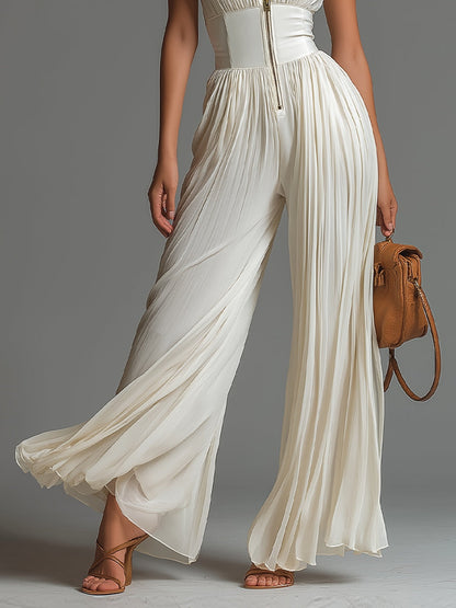 Combinaison sans manches à col en V blanc, fermeture éclair, plissée, jambes larges en chiffon