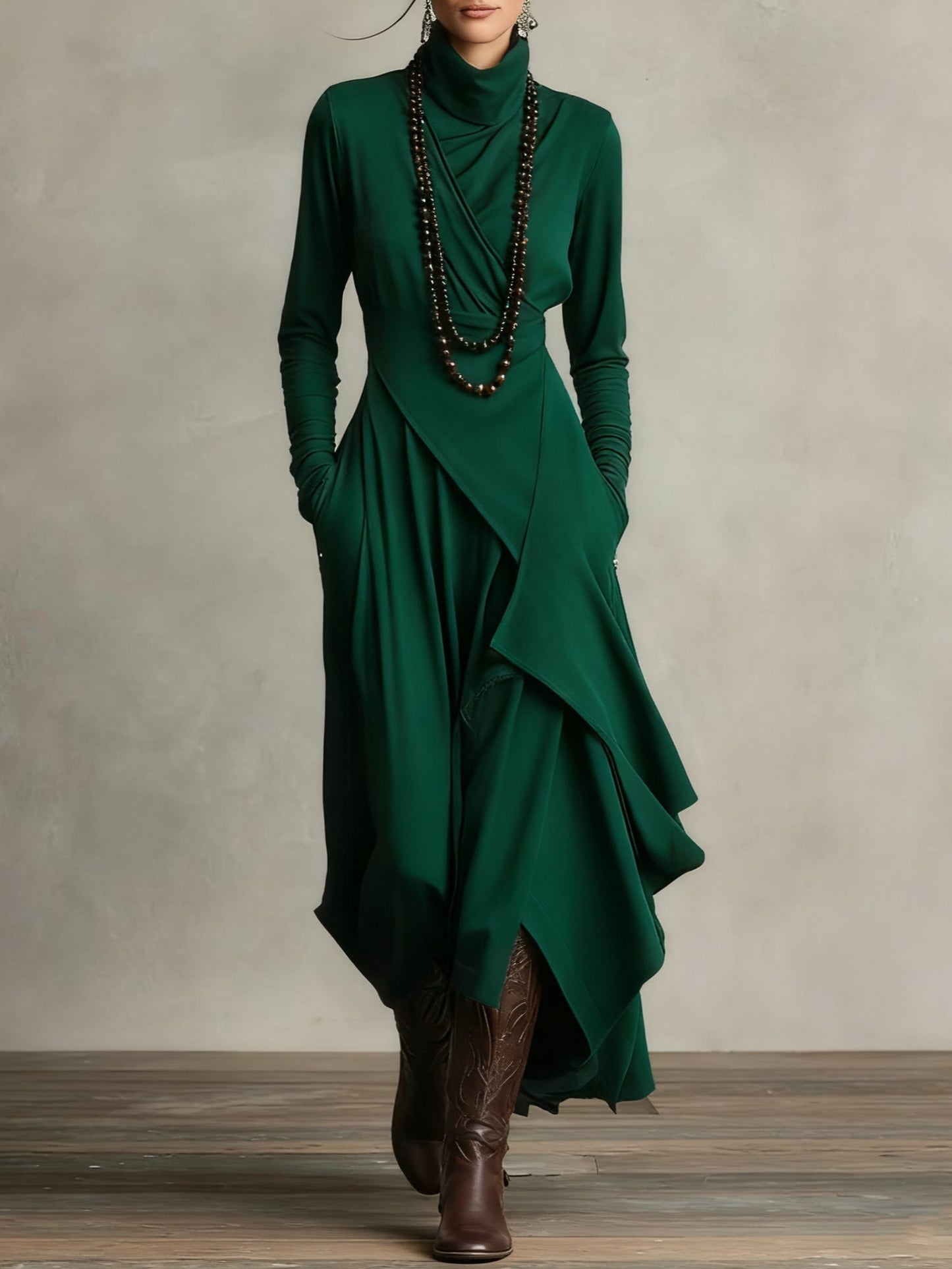 Robe Maxi Violette à Col Haut avec Plis Asymétriques