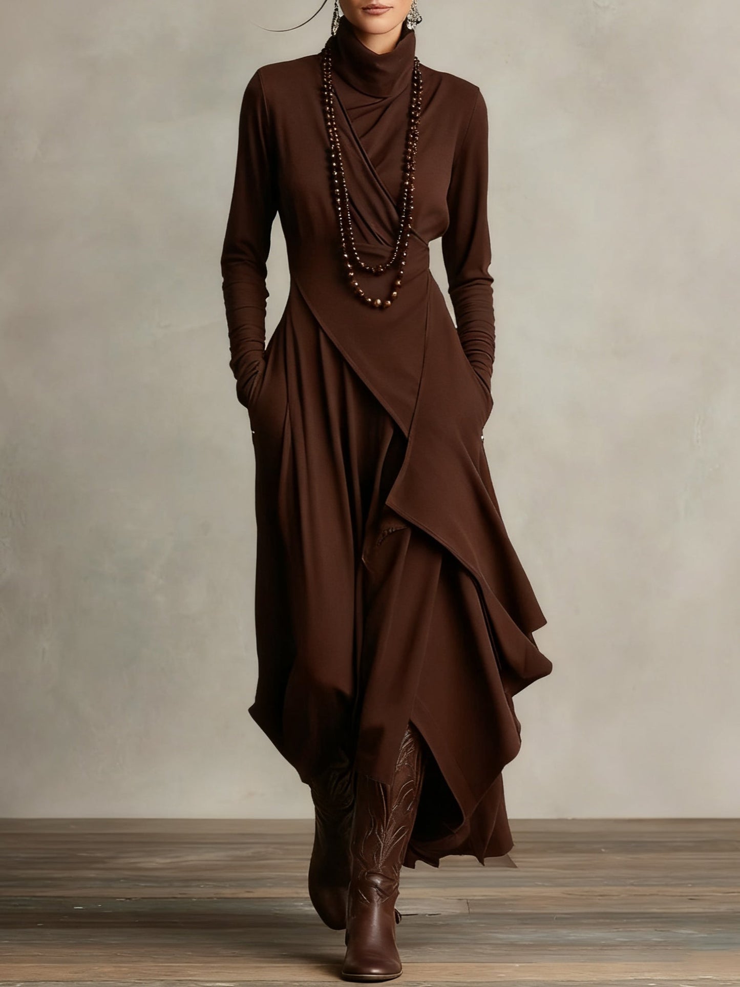 Robe Maxi Violette à Col Haut avec Plis Asymétriques