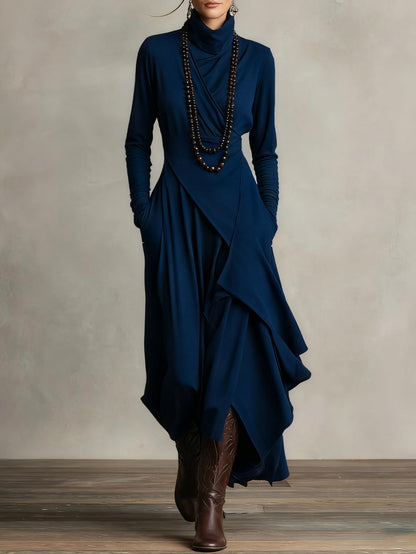 Robe Maxi Violette à Col Haut avec Plis Asymétriques