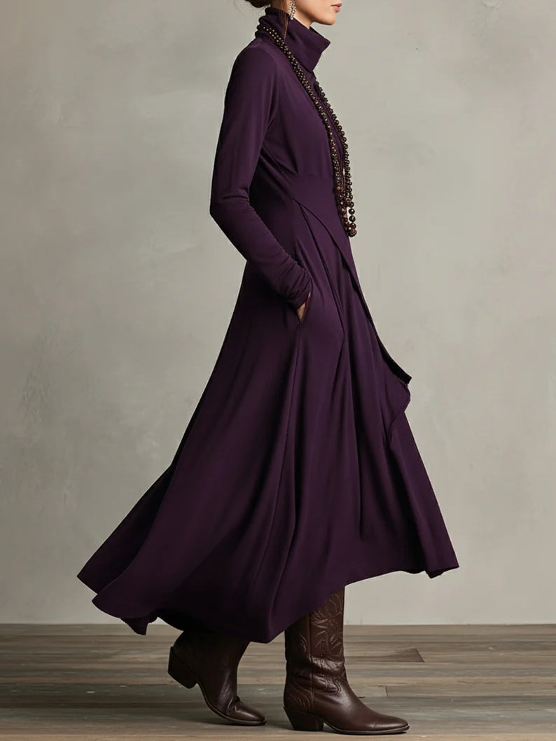 Robe Maxi Violette à Col Haut avec Plis Asymétriques