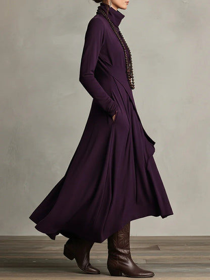 Robe Maxi Violette à Col Haut avec Plis Asymétriques