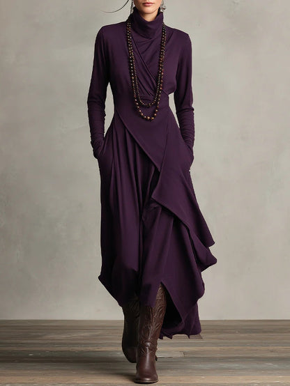 Robe Maxi Violette à Col Haut avec Plis Asymétriques