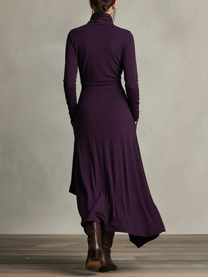 Robe Maxi Violette à Col Haut avec Plis Asymétriques