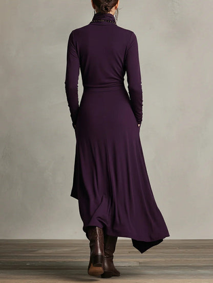 Robe Maxi Violette à Col Haut avec Plis Asymétriques