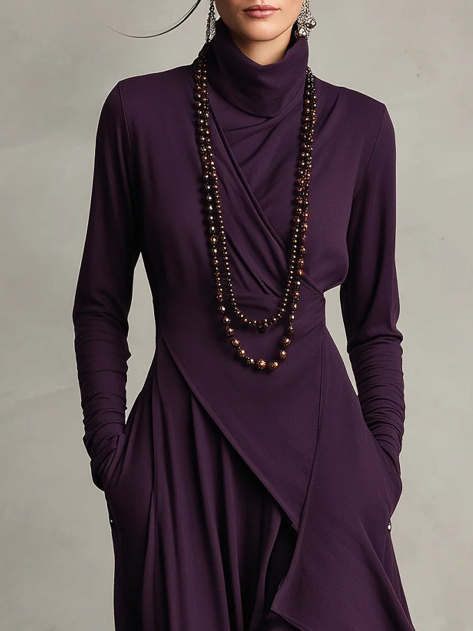 Robe Maxi Violette à Col Haut avec Plis Asymétriques
