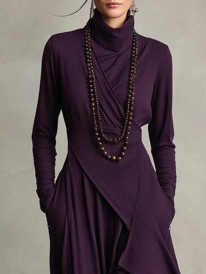 Robe Maxi Violette à Col Haut avec Plis Asymétriques