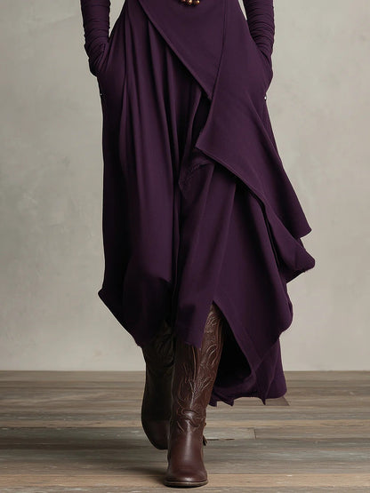 Robe Maxi Violette à Col Haut avec Plis Asymétriques