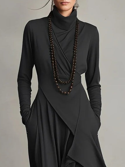 Robe Maxi Violette à Col Haut avec Plis Asymétriques