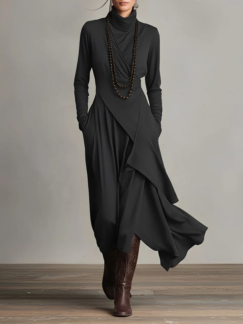 Robe Maxi Violette à Col Haut avec Plis Asymétriques