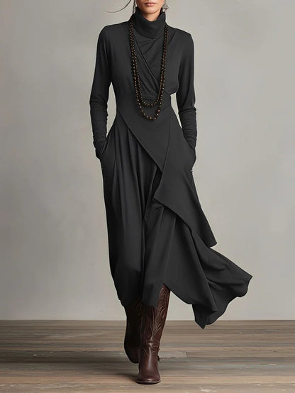 Robe Maxi Violette à Col Haut avec Plis Asymétriques