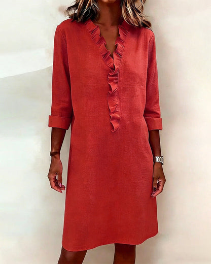 Robe Unie à Volants avec Col en V
