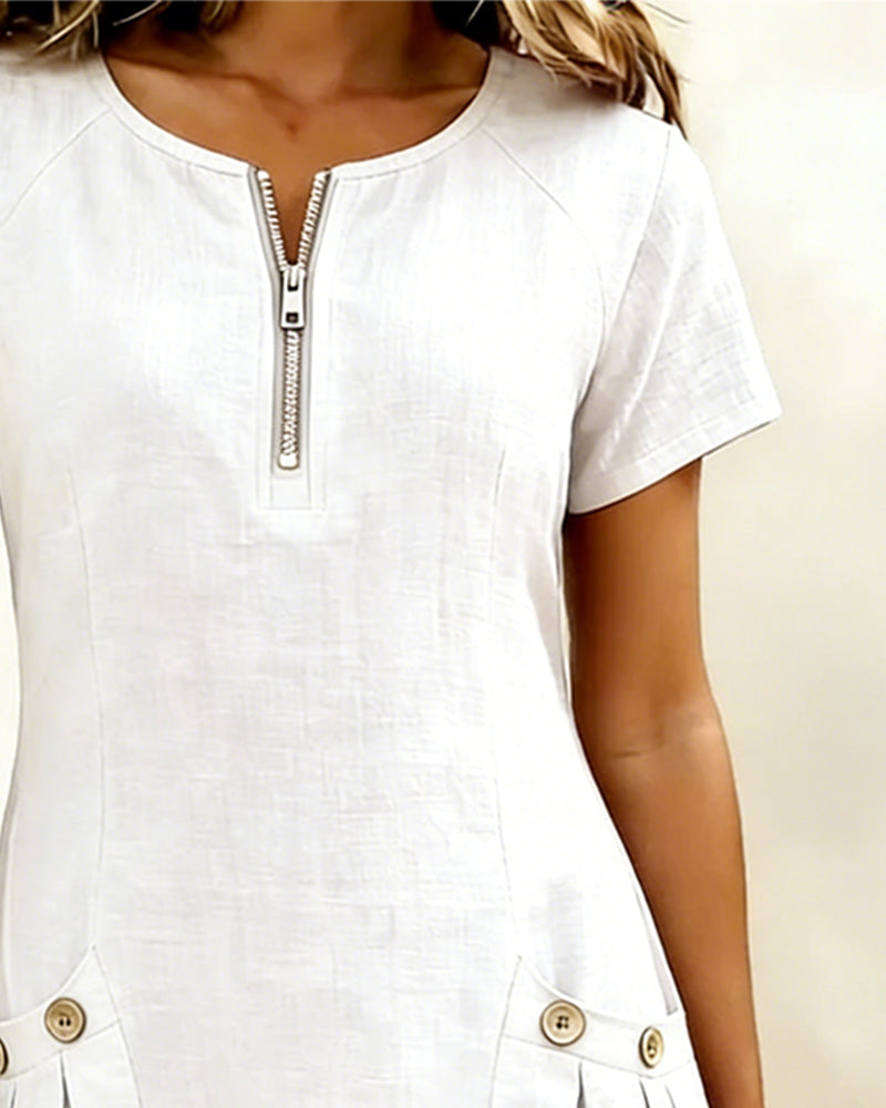 Robe Courte en Lin et Coton avec Fermeture Éclair - Coupe A-Line Élégante