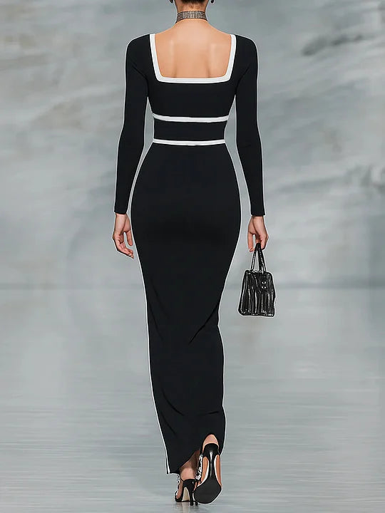 Robe Maxi Ajustée à Manches Longues avec Décolleté Carré et Bord Bicolore (Blanc et Noir)