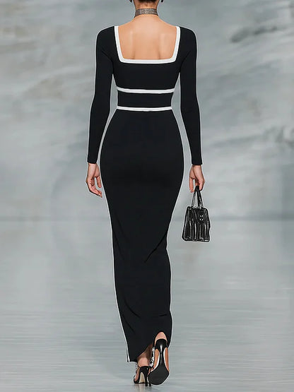 Robe Maxi Ajustée à Manches Longues avec Décolleté Carré et Bord Bicolore (Blanc et Noir)