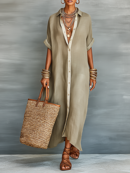 Robe Maxi en Lin Minimaliste pour Femme avec Manches Courtes