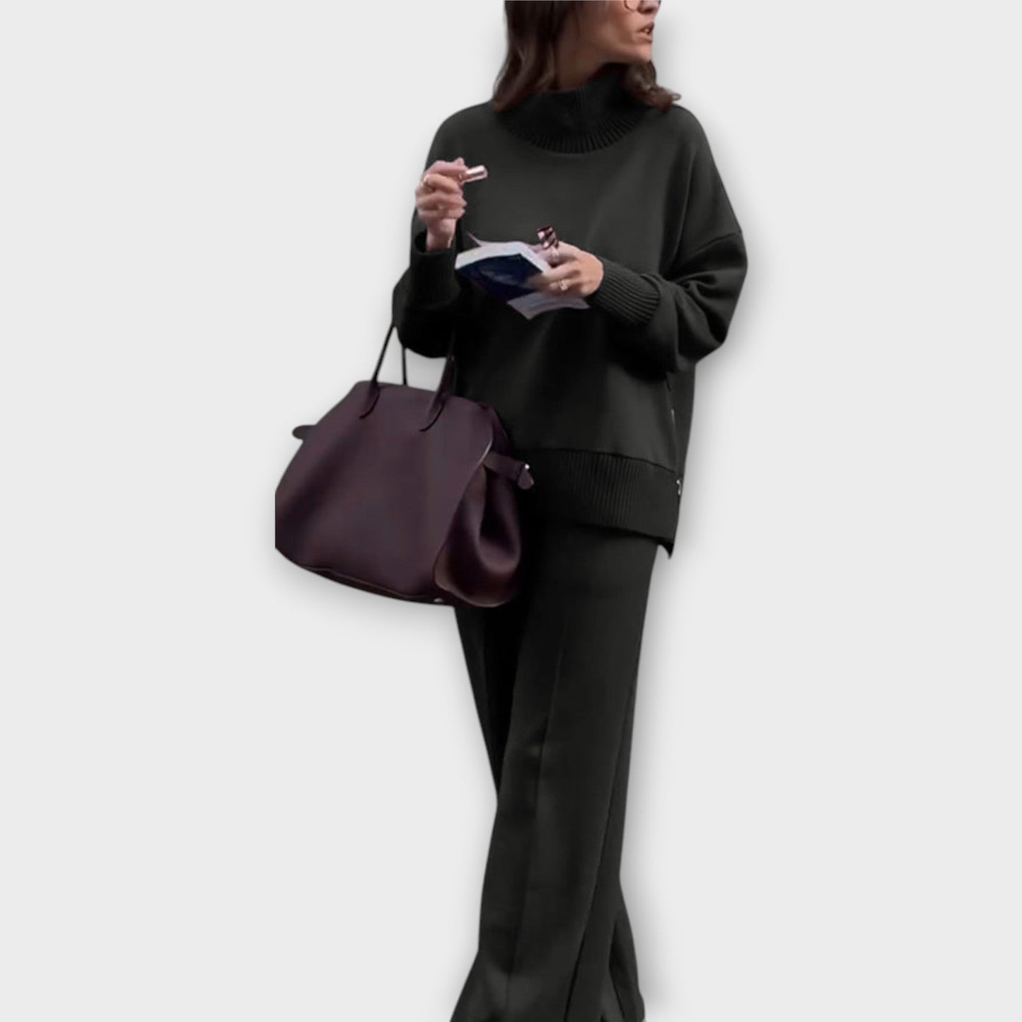 Ensemble Tricot Détente avec Pull Col Montant et Pantalons à Jambes Larges